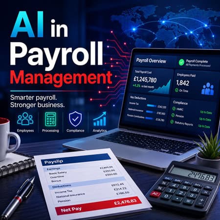 AI in Payroll Management course illustration showing AI powered payroll processing, compliance, analytics and modern payroll automation.