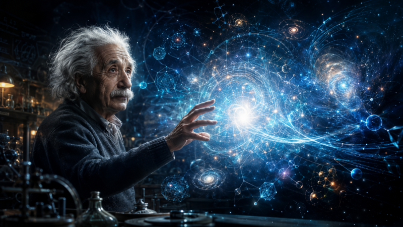Albert Einstein exploring AI and scientific discovery through mathematics, space and previously unanswered questions.