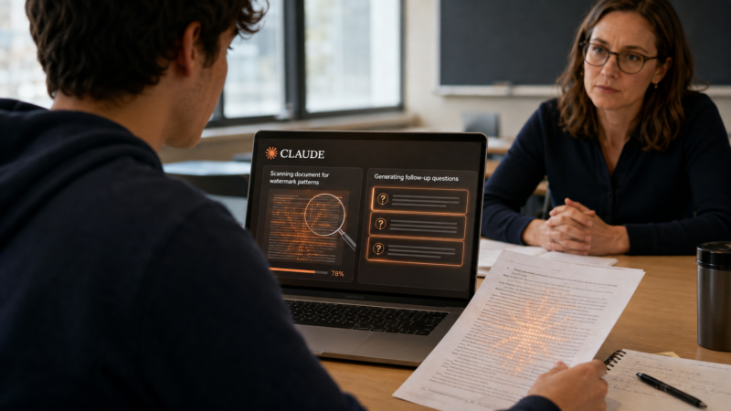 AI watermarks and student cheating shown as Claude scans an assignment and generates questions to test the student’s understanding