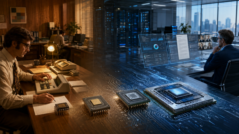 History of AI chips showing how powerful AI will be in five years, from a 1971 calculator to the office of 2031