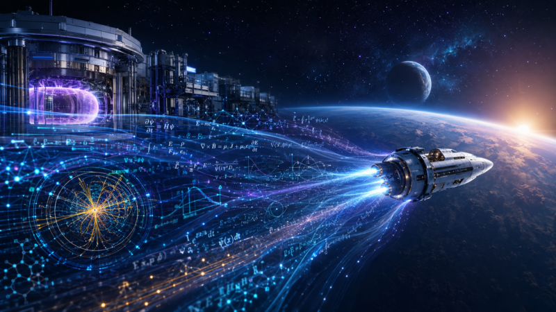 Science at Machine Speed with AI showing advanced physics, fusion research and a spacecraft exploring beyond Earth.