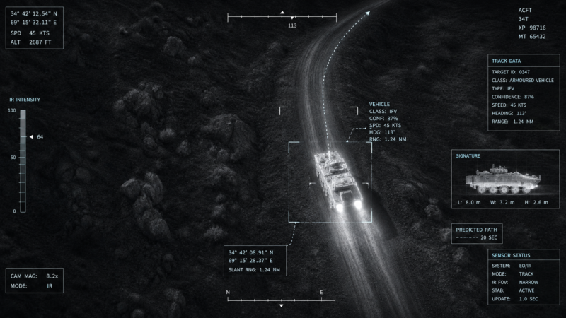 AI in War infrared system tracking and analysing an armoured military vehicle.