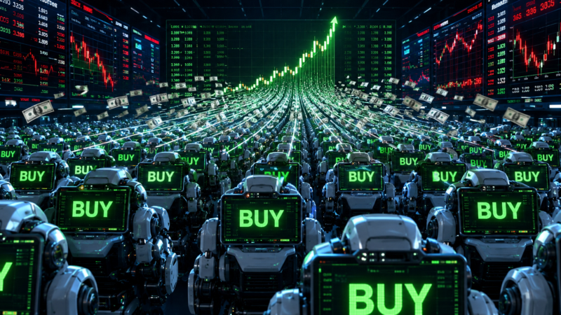 AI investment advice bots simultaneously recommending BUY, illustrating how automated investment advice could create herd behaviour in financial markets.