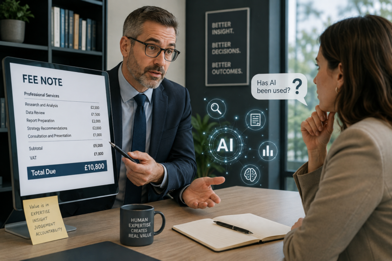 AI Transparency illustration showing a client questioning a professional services fee after asking whether AI was used to prepare a report, highlighting the debate around AI disclosure, client trust and pricing.