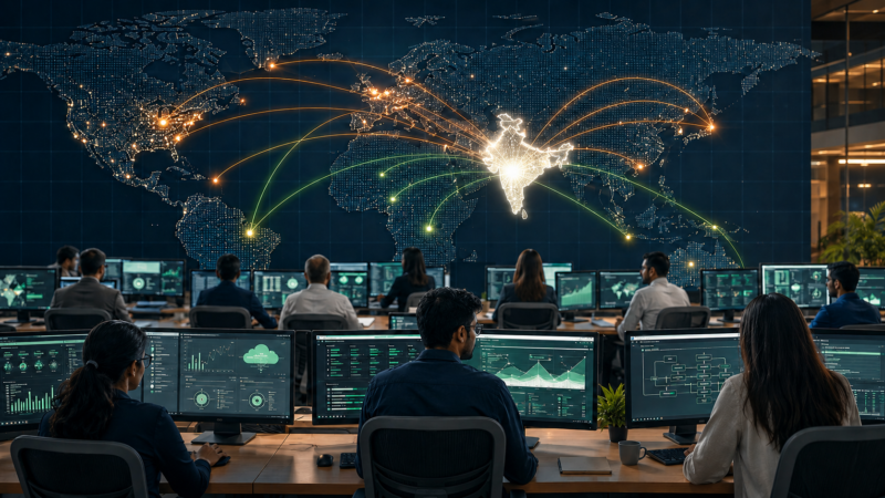 India and AI services supplied worldwide by Indian technology professionals using artificial intelligence and global digital connections.
