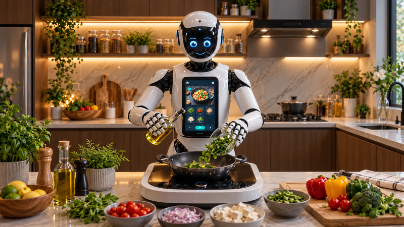 The Humanoid robot hype showing an AI generated robot chef cooking in a modern home kitchen