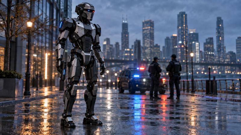 Armed futuristic humanoid police robot patrolling a city street with human officers
