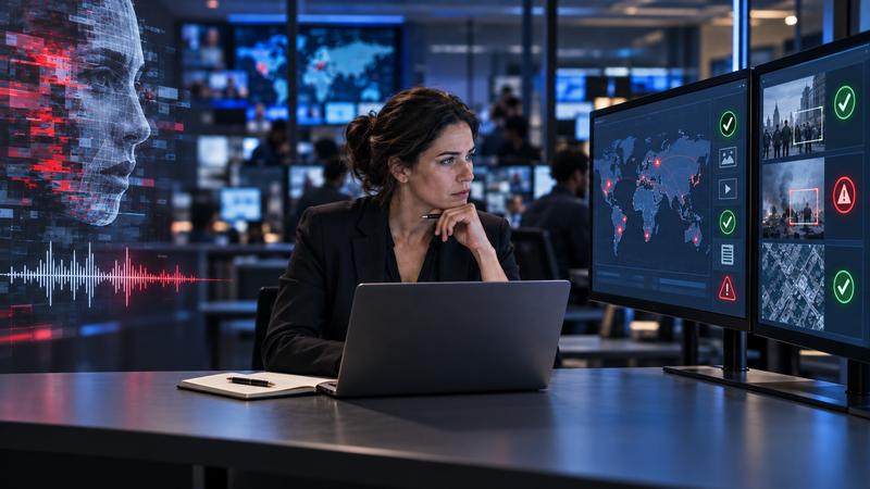 AI in journalism image showing a journalist verifying real time news, deepfakes and synthetic media in a modern newsroom.
