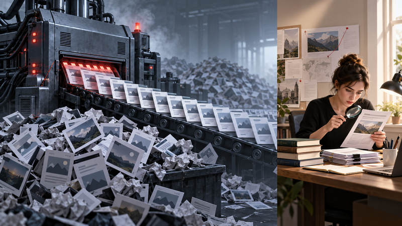AI slop illustration showing a content machine producing repetitive digital articles while a human editor carefully verifies original journalism.