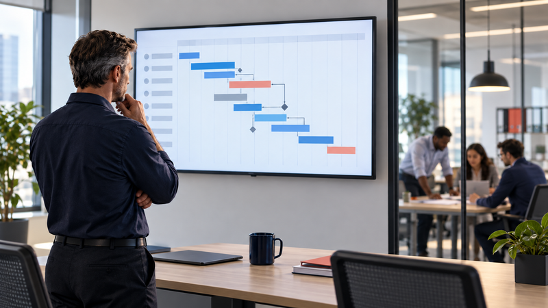AI in project planning and operations management showing a project leader reviewing an intelligent schedule connected to construction, logistics and team delivery.