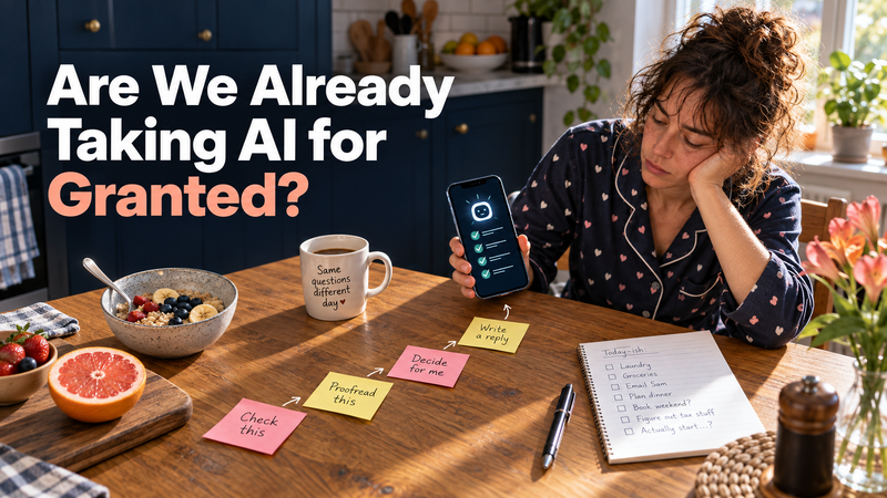 Are we already taking AI for granted? A person at breakfast asks AI to check facts, proofread writing, make decisions and draft a reply.