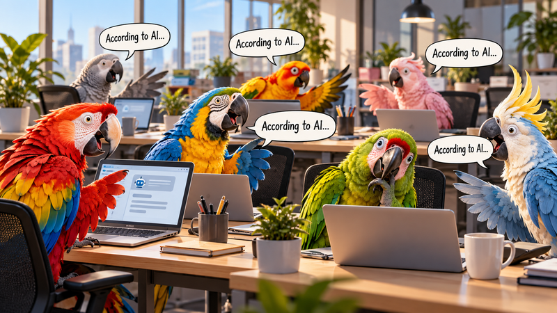Is AI Making Us Feel Smarter Than We Actually Are? Colourful parrots at office desks repeat “According to AI” while reading answers on their laptops.