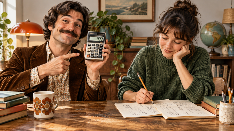 Is AI Making Us Feel Smarter Than We Actually Are? A man displays a pocket calculator while a woman works through a maths problem by hand, illustrating the difference between getting an answer and learning how to find it.
