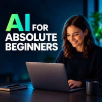 AI for Absolute Beginners course thumbnail showing a woman using a laptop against a dark blue background.