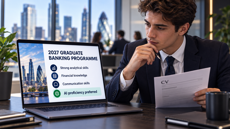 Graduate reviews a banking job advert as AI skills are becoming essential for careers in finance.