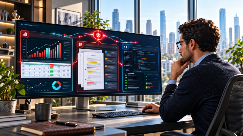 Professional reviewing AI assisted financial analysis, legal documents and software code, illustrating AI and the future of professional work.