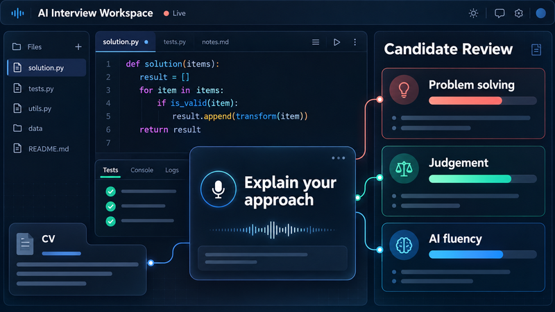 AI and HR illustration showing a coding task, an interview question and an assessment of skills, judgement and AI fluency.