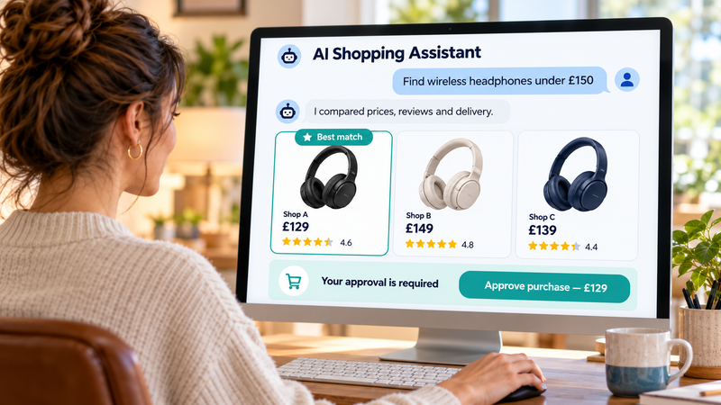 AI shopping assistants helping a woman compare headphones, review prices and approve a purchase at her computer.