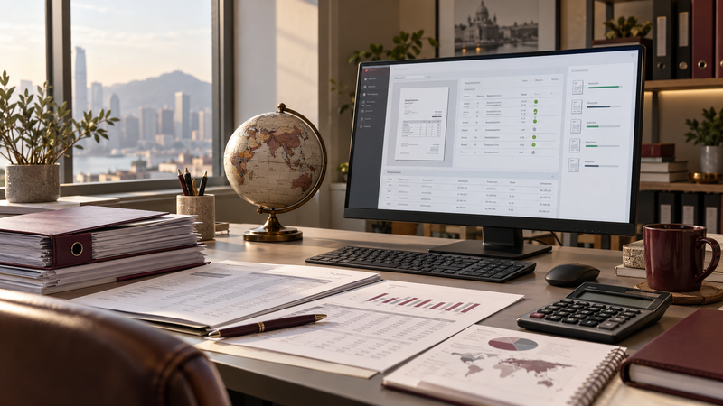 AI and outsourcing in finance represented by an accountant’s desk with financial reports, a calculator, a globe and automated accounting software.