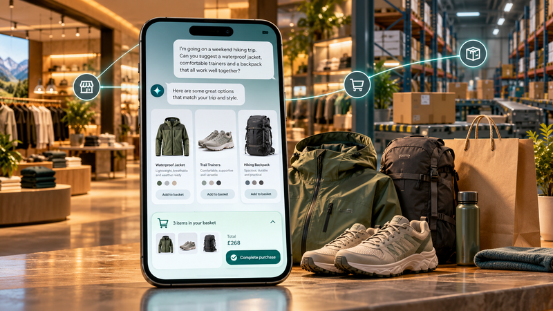 AI shopping agents recommending outdoor products on a smartphone, with a connected basket linking a retail shop and warehouse.