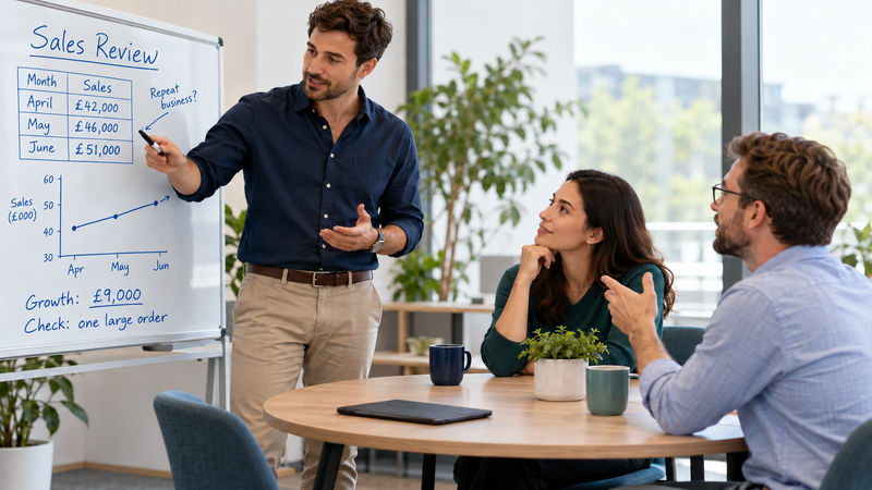Employee explaining sales figures to colleagues, illustrating the importance of independent understanding alongside AI skills at work.