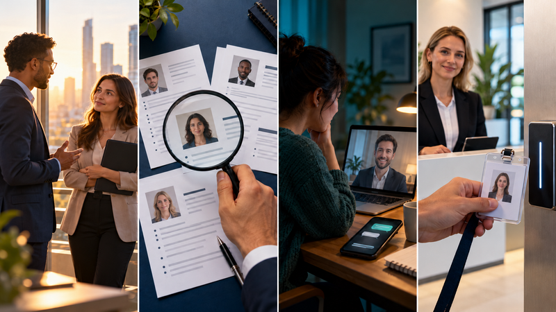 AI in HR illustrated through career progression, CV screening, an AI-assisted video interview and candidate identity verification.